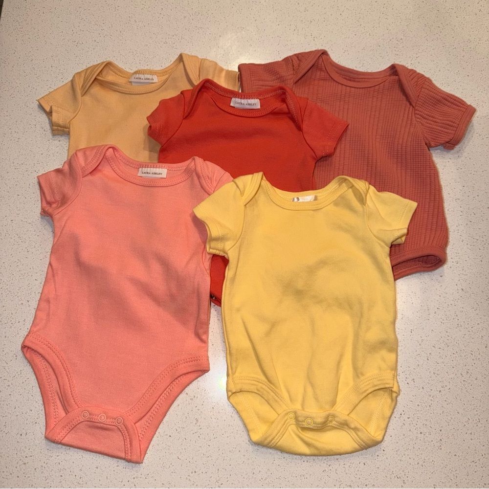 Baby Girl 5pc Bodysuit Bundle 0-3M Sunset Tones Laura Ashley Coral Red Yellow